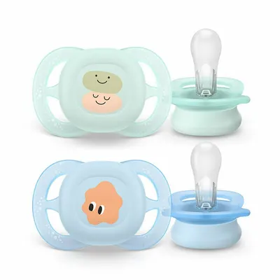 Set 2 suzete bebelusi, Philips Avent, Ultra Start, Ortodontice, Silicon moale, Usoare, Fara inel si fara BPA, Conceputa pentru gurite micute, 0-2 luni, Deco Verde/Albastru