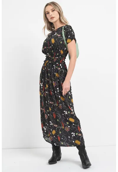Rochie midi din modal cu imprimeu - Negru/Rosu inchis/Alb murdar