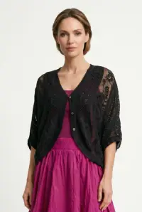 Cardigan din bumbac cu broderie, croi lejer, stil boho elegant, negru