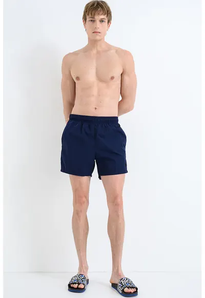 Pantaloni scurti de baie cu buzunar pe partea din spate - Bleumarin