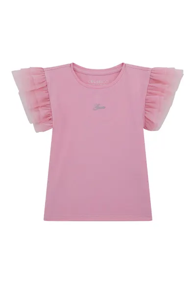 Tricou din amestec de bumbac cu maneci cu volane - Roz