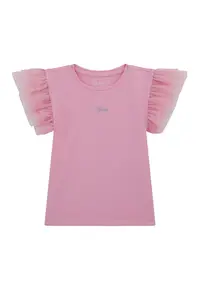 Tricou din amestec de bumbac cu maneci cu volane - Roz