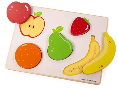 Puzzle senzorial din lemn Bigjigs - Fructe, Ridicare și Vedere