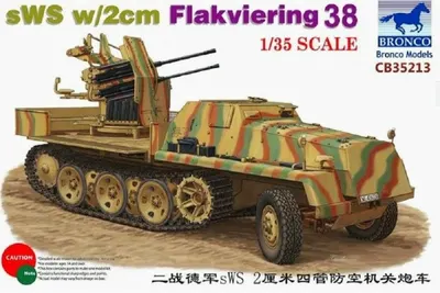 Model de asamblat Bronco Models Military: Vehicule – Mașină germană semienșilată sWS cu 2 cm Flakvierling 38