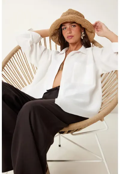 Camasi dama - Happiness Istanbul - camasa supradimensionata - lunga - ivory - 100% bumbac