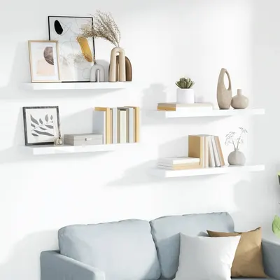 vidaXL Rafturi de perete, 4 buc., alb extralucios, 90x23,5x3,8 cm, MDF