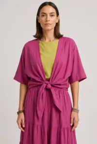 Blazer tip kimono din bumbac fin cu inchidere prin innodare, magenta