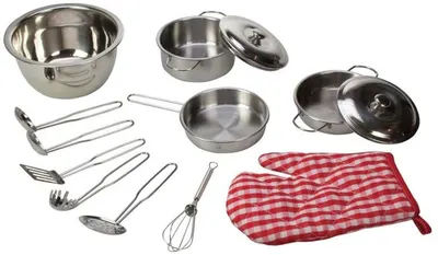 Set de joacă Bigjigs - Ustensile de bucătărie, din oțel inoxidabil