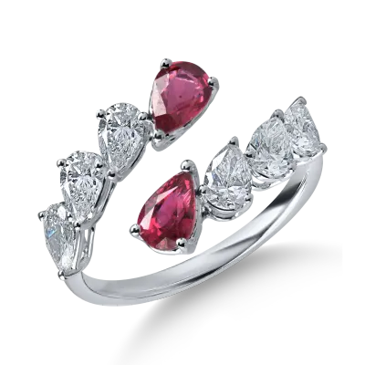 Inel deschis din aur alb cu rubine pear de 0.95ct si diamante pear de 1.25ct