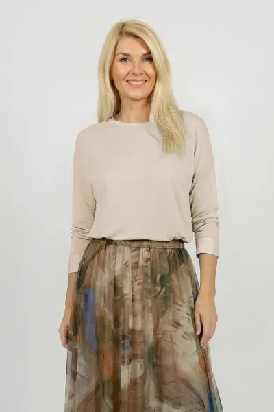 Bluza dama cu maneca fluture si satin la maneci si decolteu, bej deschis