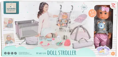 Set de joacă Tutu Love - Păpuşă cu cărucior, pătuț, gri, 36 cm