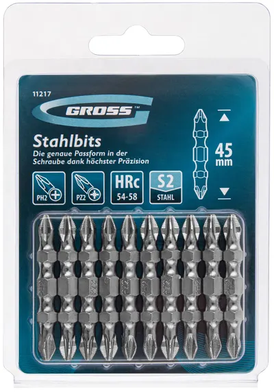 Set biți cu două fețe Gross - PH2-Pz2 x 45 mm, S2, 10 buc.