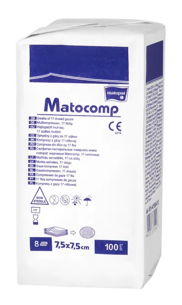 Comprese nesterile tifon 8 straturi 17 fire 7.5x7.5cm, 100 bucati, Matopat
