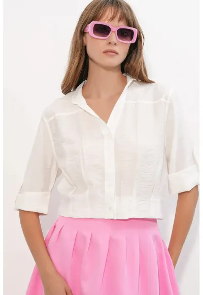Camasa crop supradimensionata - alb - amestec de viscoza si nailon - maneci scurte