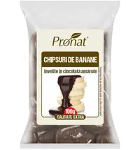 Chipsuri de banane invelite in ciocolata amaruie, 100g, Pronat
