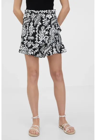 Fusta-pantalon mini cu model floral si petrecut - Alb/Negru