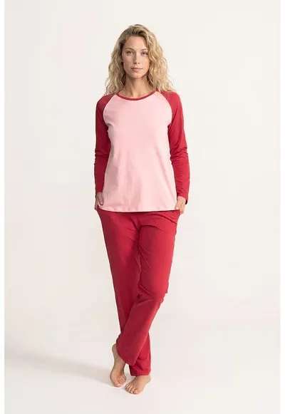 Pijama din bumbac cu pantaloni lungi - Rosu/Roz