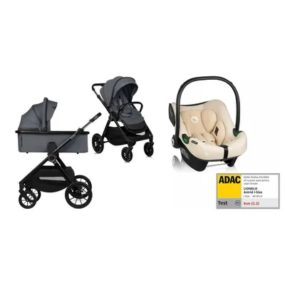 Carucior 3 in 1, Lionelo, Layla, Pana la 22 kg, Cadru aluminiu, Cu landou intarit si salteluta din spuma AirDots, Cu scoica auto testata ADAC, Reversibil, Cu ventilatie 3D, Cu accesorii, EN1888-1, EN1888-2, EN1466, Gri/bej