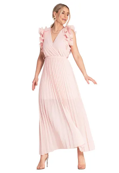 Rochie maxi - plisata - volane pe maneci - roz - viscoza - elastan - poliester
