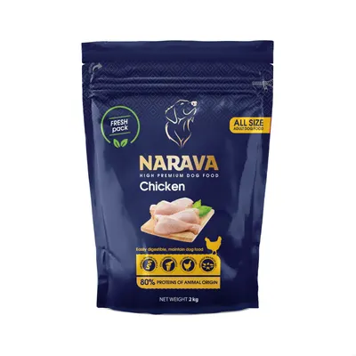 Narava Adult All Size: hrană uscată pentru câini, pui, 2 kg: 80% proteine de origine animală, sursă de condroitină