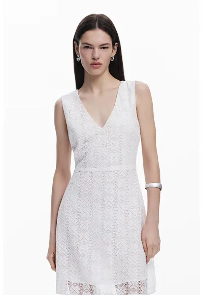 Rochie scurta cu dantela cu model floral - Alb murdar