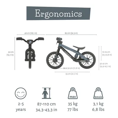 Bicicleta fara pedale Chillafish BMXie Vroom Anthracite, 12 inch, suport pentru picioare integrat, varsta 2-5 ani, scaun reglabil, anvelope EVA, greutate admisa 35 kg