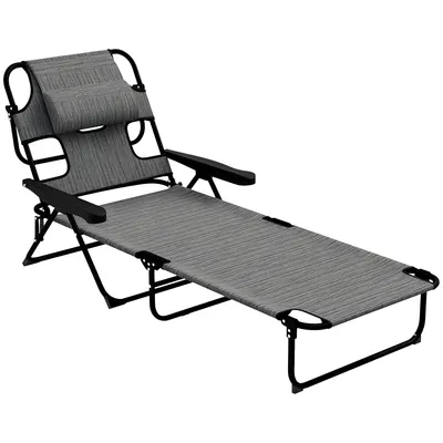 Outsunny Șezlong de grădină pliabil cu spătar reglabil în 4 poziții, orificiu pentru citit și pernă suport cap 72L x 194l x 31H cm Gri | Aosom Romania
