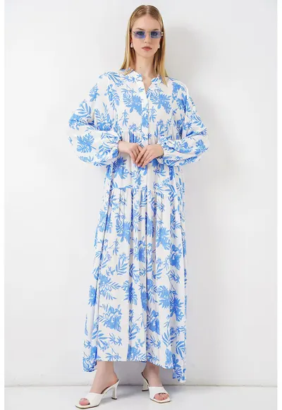 Rochie Maxi decolteu in V - maneca lunga - albastru/alb - viscoza