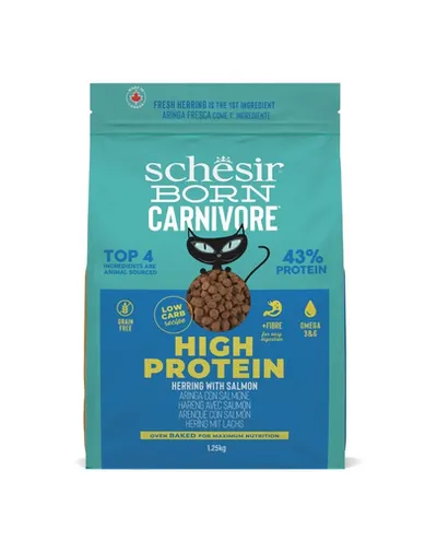 Hrană uscată pisici cu hering și somon Schesir Born Carnivore 1,25 kg fără cereale