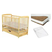 Set Patut din lemn bebe Babyneeds, Ola cu sertar, 120x60 cm, Natur + Saltea patut bebe, Cocos Confort II, Cu fibre de cocos si strat de burete, 120x60x8 cm + Protectie impermeabila, Pentru patuturi 120x60 cm, Alb