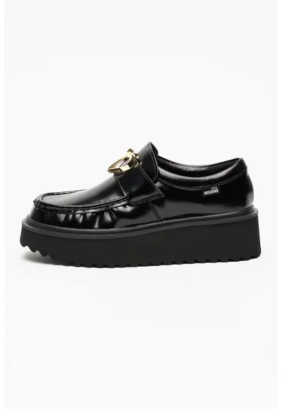 Pantofi loafer din piele cu platforma si detaliu metalic - Auriu/Negru