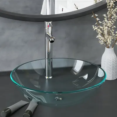 Gossi chiuveta baie cu robinet&scurgere cu apasare transparent sticla