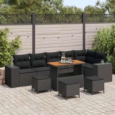 Set de canapea de gradina Gossi 10 piese cu perne ratan sintetic negru acacia, set de dining de gradina Gossi 4 piese cu perne ratan sintetic negru acacia