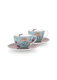 Set 2 căni cu farfurioare, din porțelan, Pip Studio, 280ml, colecția Flower Festival, Light Blue