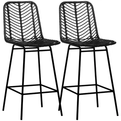 HOMCOM Set de 2 taburete de bar design boem înălțime 66 cm cu suport picioare metalic și ratan PE - negru | Aosom Romania