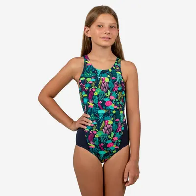 Costum de baie întreg înot 500 Kamiye Alge Albastru-Roz Fete Adolescente