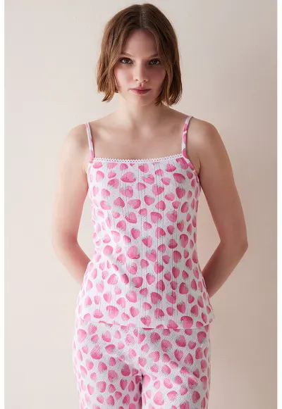 Top de pijama din bumbac cu model cu fructe - Alb/Roz aprins