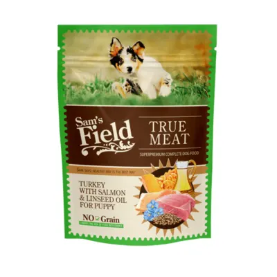 SAM'S FIELD Puppy, XS-XL, Curcan și Somon, plic hrană umedă fără cereale câini junior, (în aspic), 260g