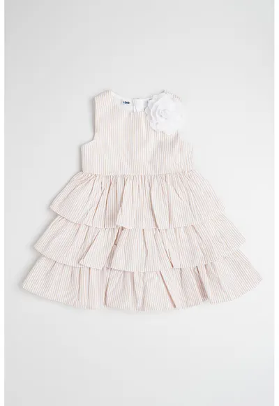 Rochie cu volane - model in dungi si aplicatie florala - Alb/Bej