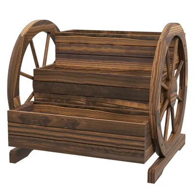Outsunny Jardinieră de Exterior cu 3 Niveluri și Roți Decorative, din Lemn de Brad cu Orificii de Drenaj, pentru Legume și Flori, pentru Balcon sau Terasă, 62x61x57 cm, Carbonizat | Aosom Romania