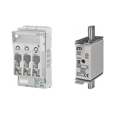 Pachet Protectie Circuit Trifazat: Soclu Siguranta Fuzibila NH00 3P (M8/M8), Siguranta Fuzibila NH000 gG 32A 500V