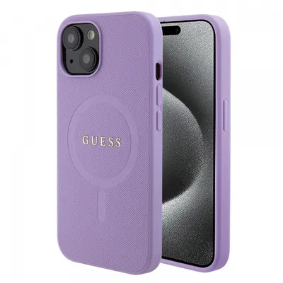 Husa MagSafe pentru Apple iPhone 15, Guess, Saffiano, Mov