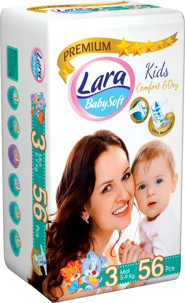 Scutece pentru bebeluși Lara Premium - Midi, 5-9 kg, 56 de buc
