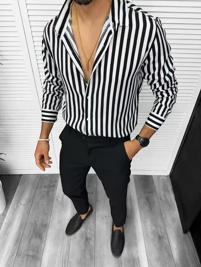 Camasa barbati slim fit alba cu dungi negre 13211 6-5