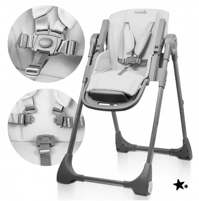 Scaun de masa pentru bebelusi si copii Malplay Savro Grey, pliabil, reglabil in 6 trepte, pana la 20 kg, design scandinav