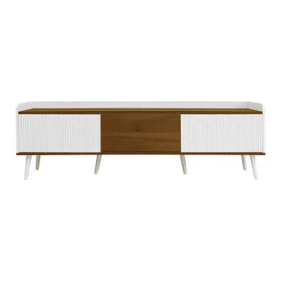 Comodă TV cu 3 uși, picioare din lemn și margine înaltă, 160x39x49,5 cm, Culoare naturală+Alb
