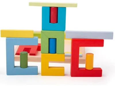 Bigjigs Set din lemn - Puzzle de construcții cu forme colorate