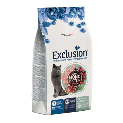 EXCLUSION Mediterraneo Monoprotein Sterilised +7, Pui, hrană uscată monoproteică pisici sterilizate senior, 1.5kg