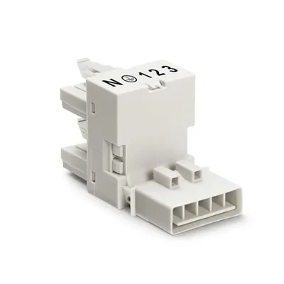 h-distribution connector; 5-pole; Cod. A; 1 input; 2 outputs; outputs on one side; 2 locking levers; white