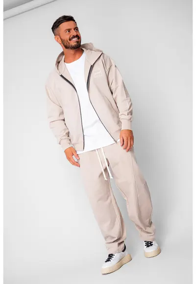 Set Oversized Hanorac cu fermoar si pantalon Balloon fit din 100% Bumbac - 400gr/mp Premium Edition - Bej